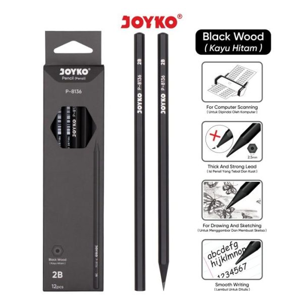 JOYKO Pencil Pensil P-8136 Black Wood 2B 1 BOX 12 PCS